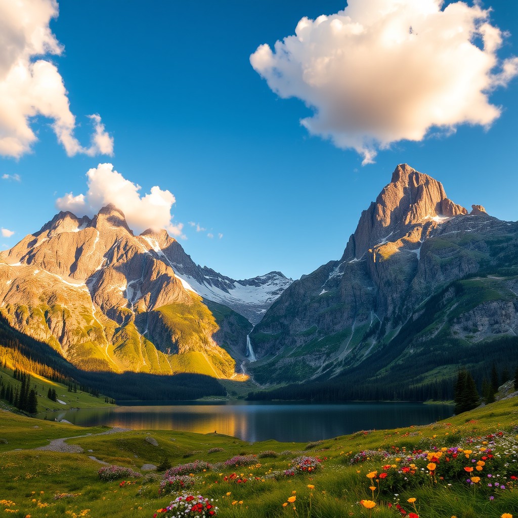 A breathtaking landscape showcasing majestic mountains towering into the clear blue sky, adorned with patches of lush green forests and rocky terrains