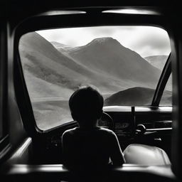 A young boy seen through the windows of a monstrous black car, set against the backdrop of a scenic mountain road