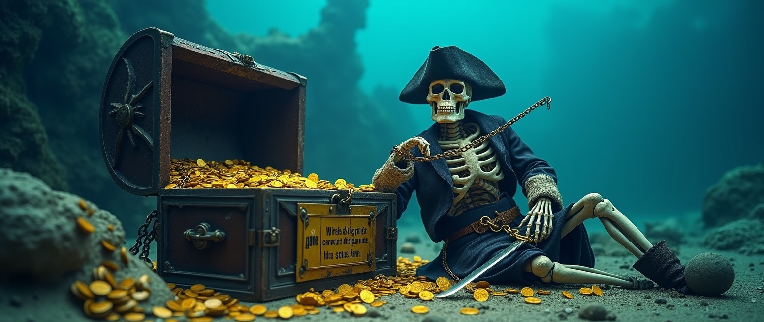 A photo realistic image of a sunken pirate ship on the ocean floor, enveloped in vibrant blue water