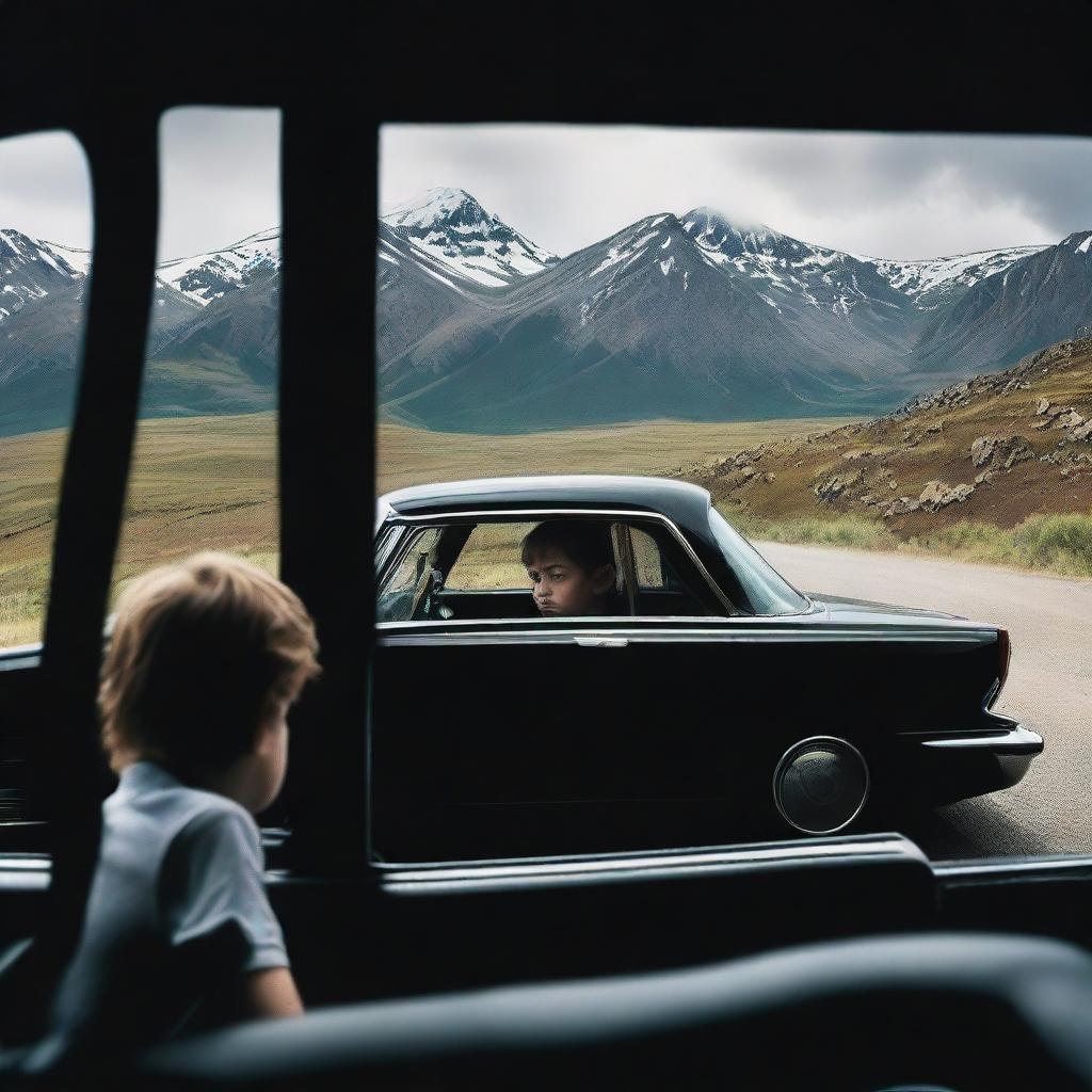 A young boy seen through the windows of a monstrous black car, set against the backdrop of a scenic mountain road