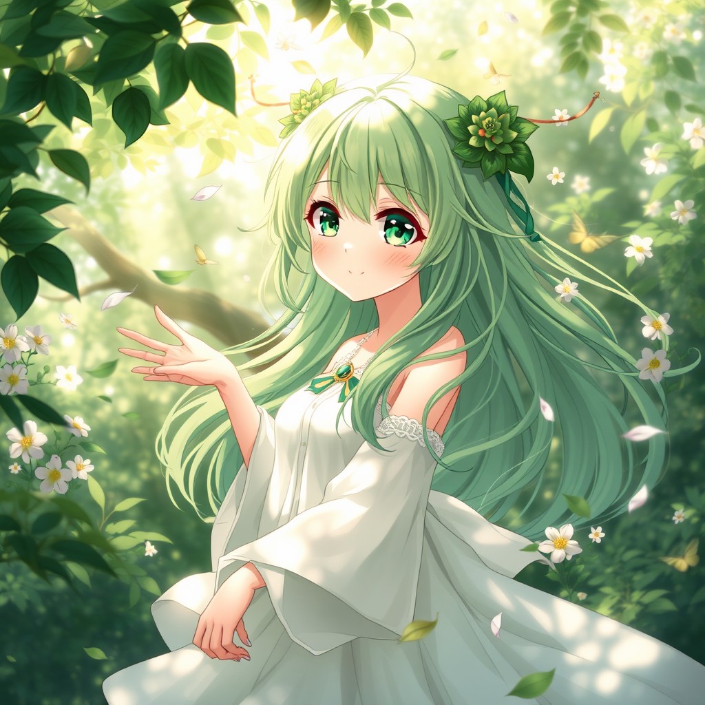 An enchanting anime girl embodying the spirit of air and nature, with vibrant, flowing green hair and striking green eyes