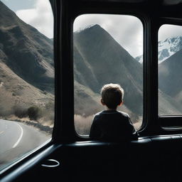 A young boy seen through the windows of a monstrous black car, set against the backdrop of a scenic mountain road