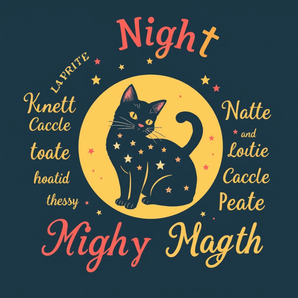 A vintage-inspired t-shirt design featuring a retro style cat with its body shaped like a crescent moon