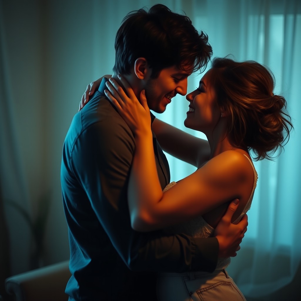 A romantic and intimate scene depicting a couple sharing a passionate embrace, highlighting the emotional connection and desire between them in a softly lit room