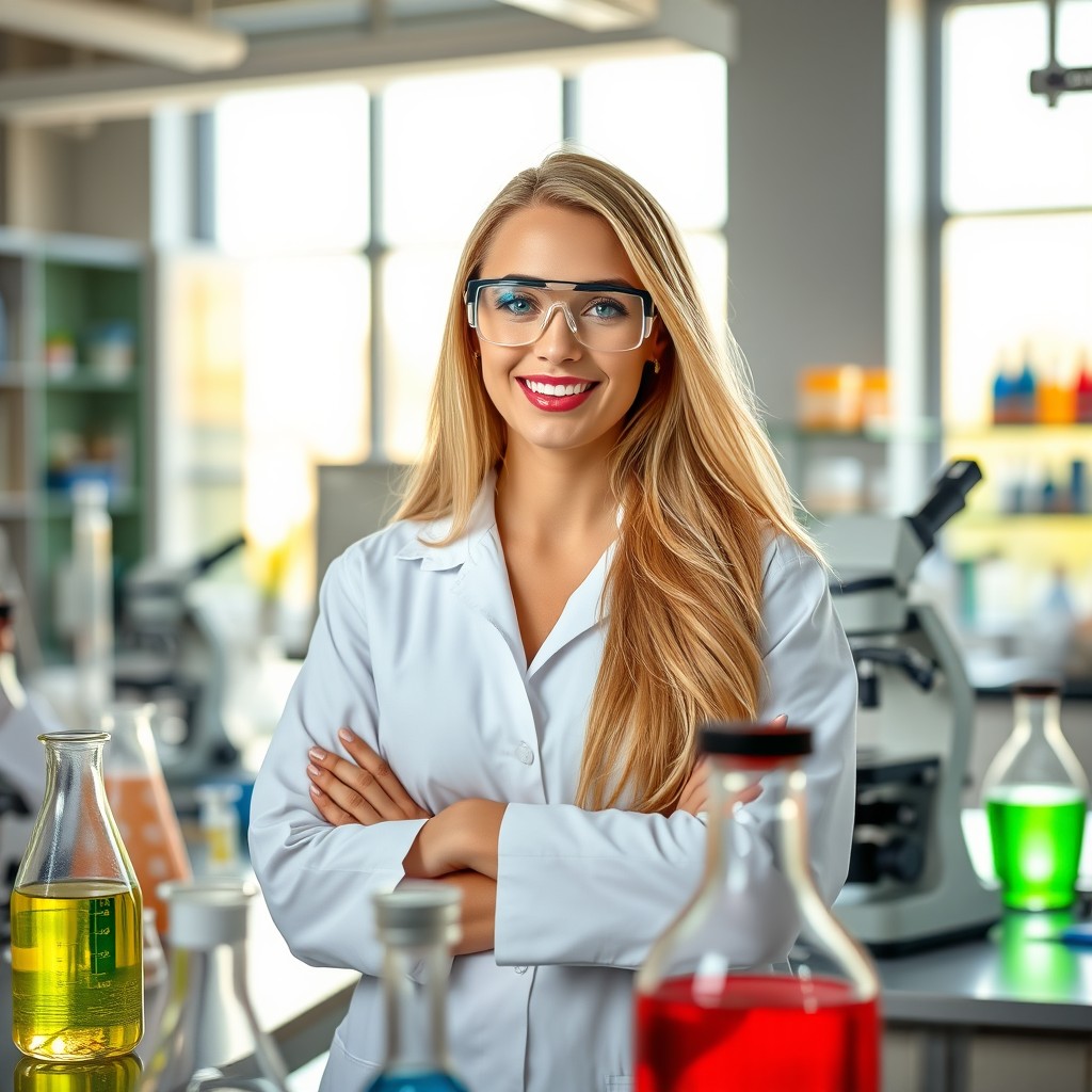 A beautiful blonde woman in a modern laboratory setting, wearing a white lab coat and safety goggles