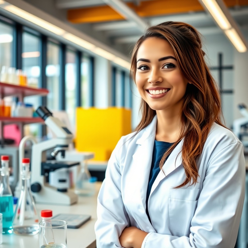 A beautiful lab worker in a modern laboratory environment, wearing a white lab coat with a friendly demeanor