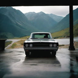 A young boy seen through the windows of a monstrous black car, set against the backdrop of a scenic mountain road