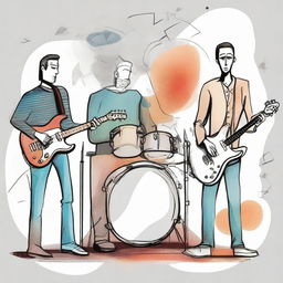 A drawing of a drummer, bassist, guitarist and singer in a parallel universe