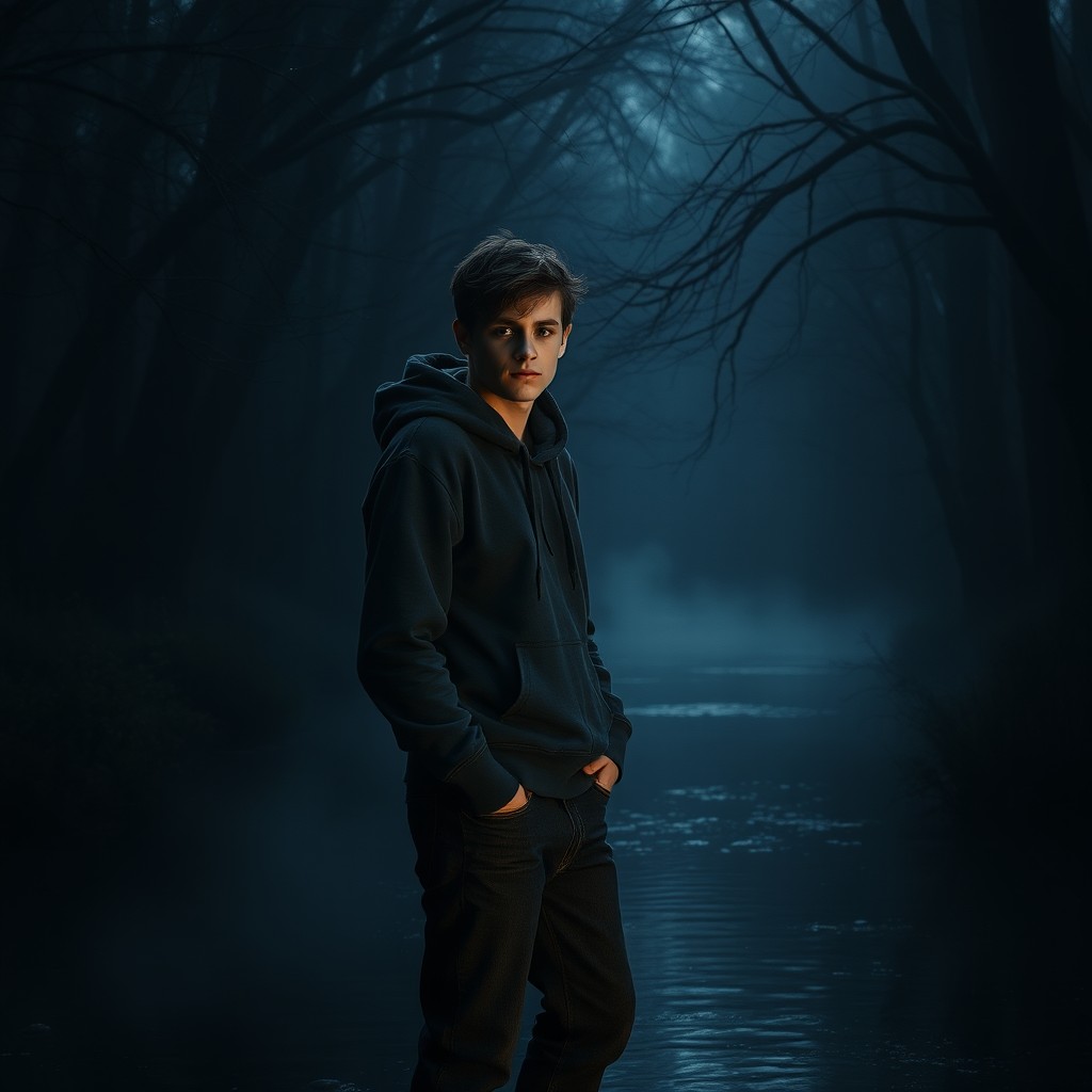 A hyper-realistic image of a teenage male standing by a creek, surrounded by dense, dark woods