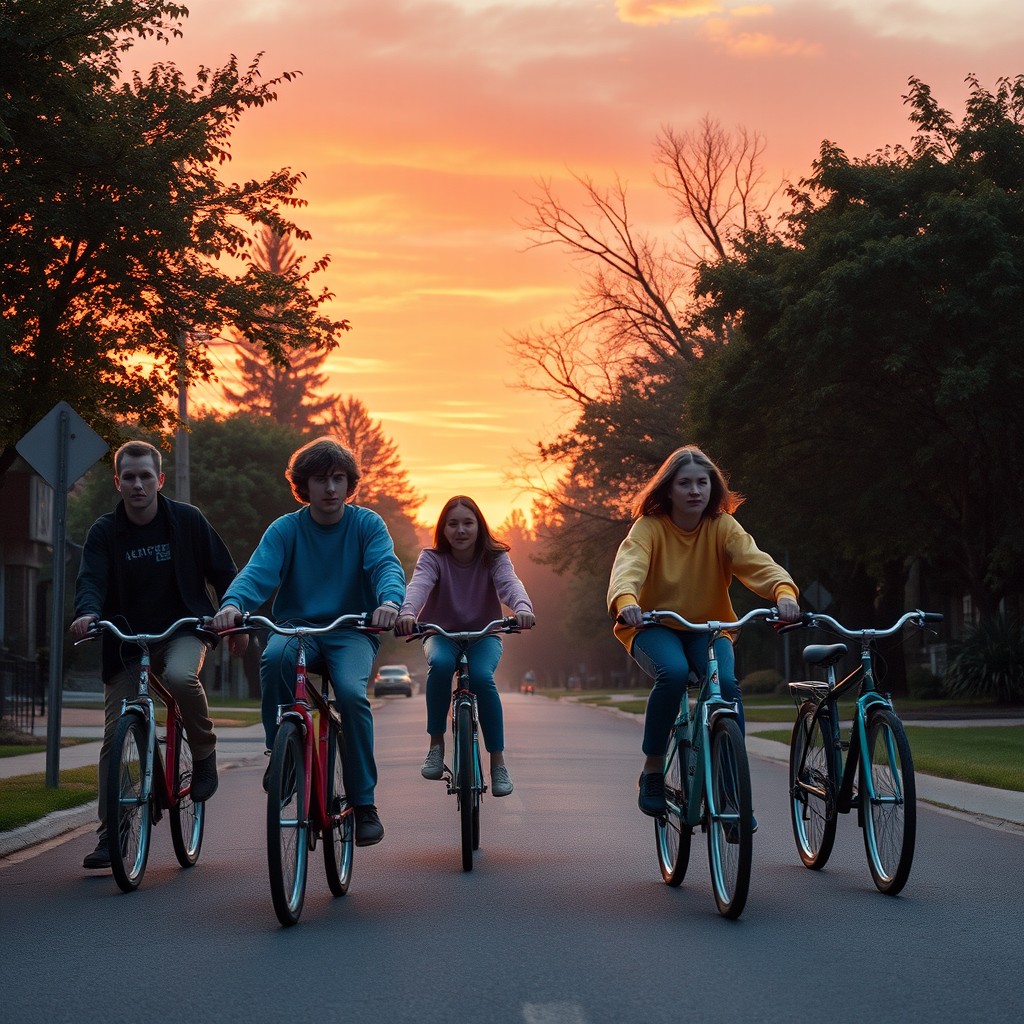 A nostalgic 1980s suburban setting inspired by the series 'Stranger Things', featuring a group of four teenage friends riding bicycles down a tree-lined street