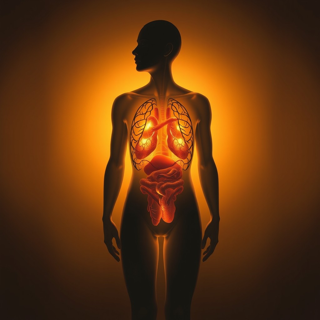 A semi-transparent human silhouette showcasing softly illuminated internal organs, evoking a sense of divine order and mystery