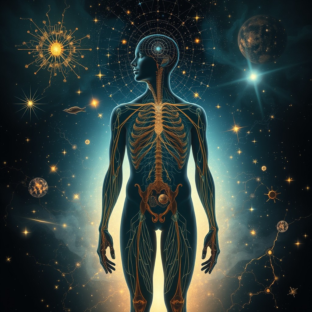 An artistic fusion of human anatomy and cosmic wonder, featuring subtle anatomical forms emerging from intricate cellular and neural patterns