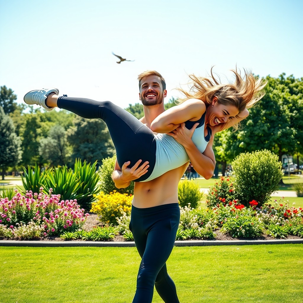 A strong athletic individual effortlessly lifting and carrying another person in a fun and playful manner at a sunny outdoor park