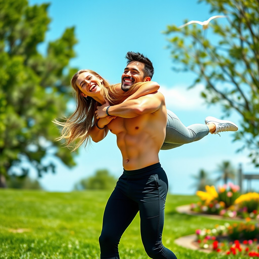 A strong athletic man effortlessly lifting and carrying a smiling woman in a playful and dynamic manner against a backdrop of a sunny outdoor park