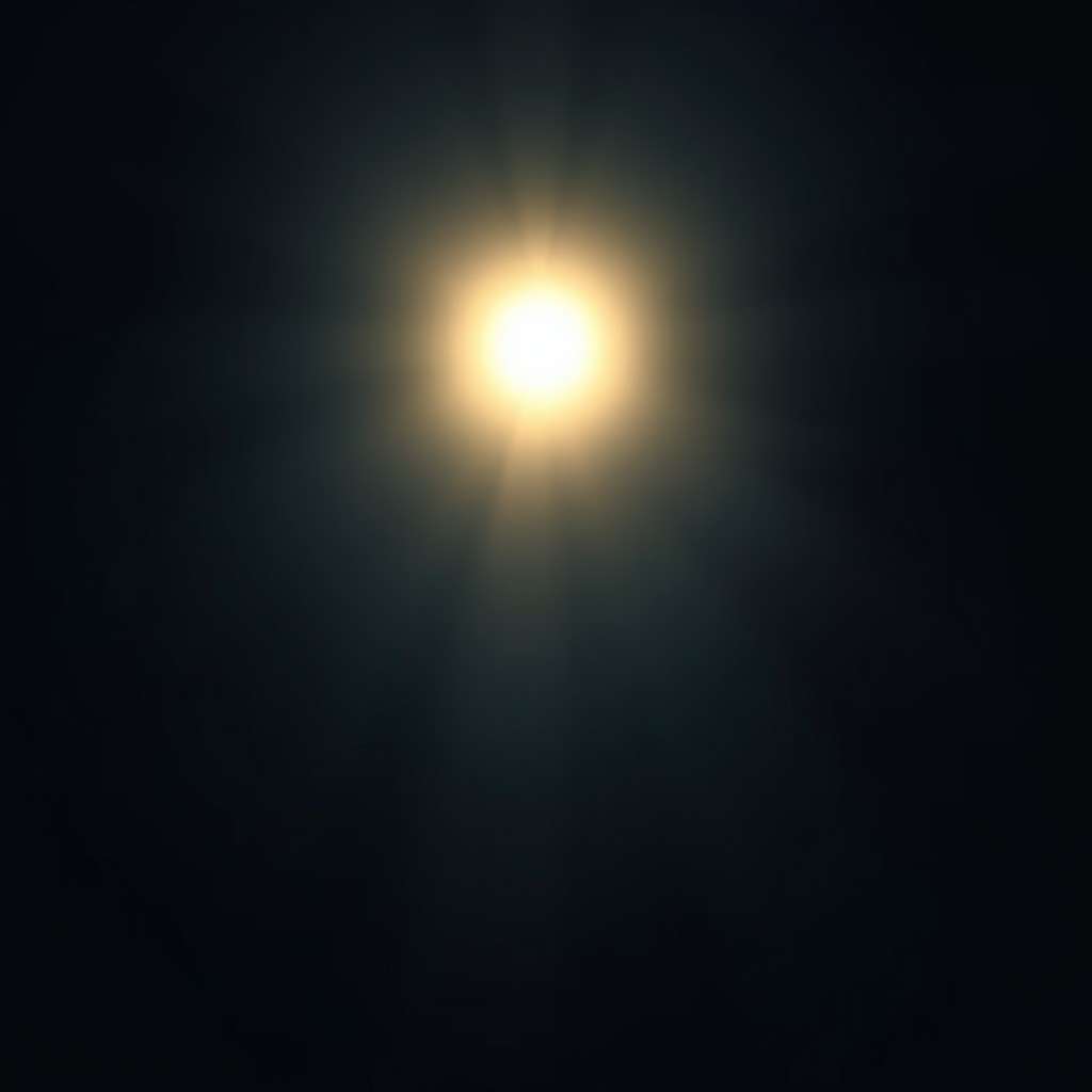 A minimal, symbolic scene of light emerging within deep darkness, featuring a single radiant source surrounded by subtle textures that suggest life, fragility, and moral significance