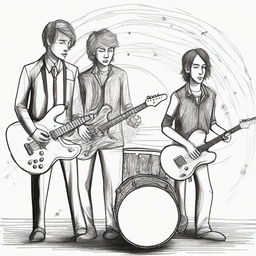 A drawing of a drummer, bassist, guitarist and singer in a parallel universe