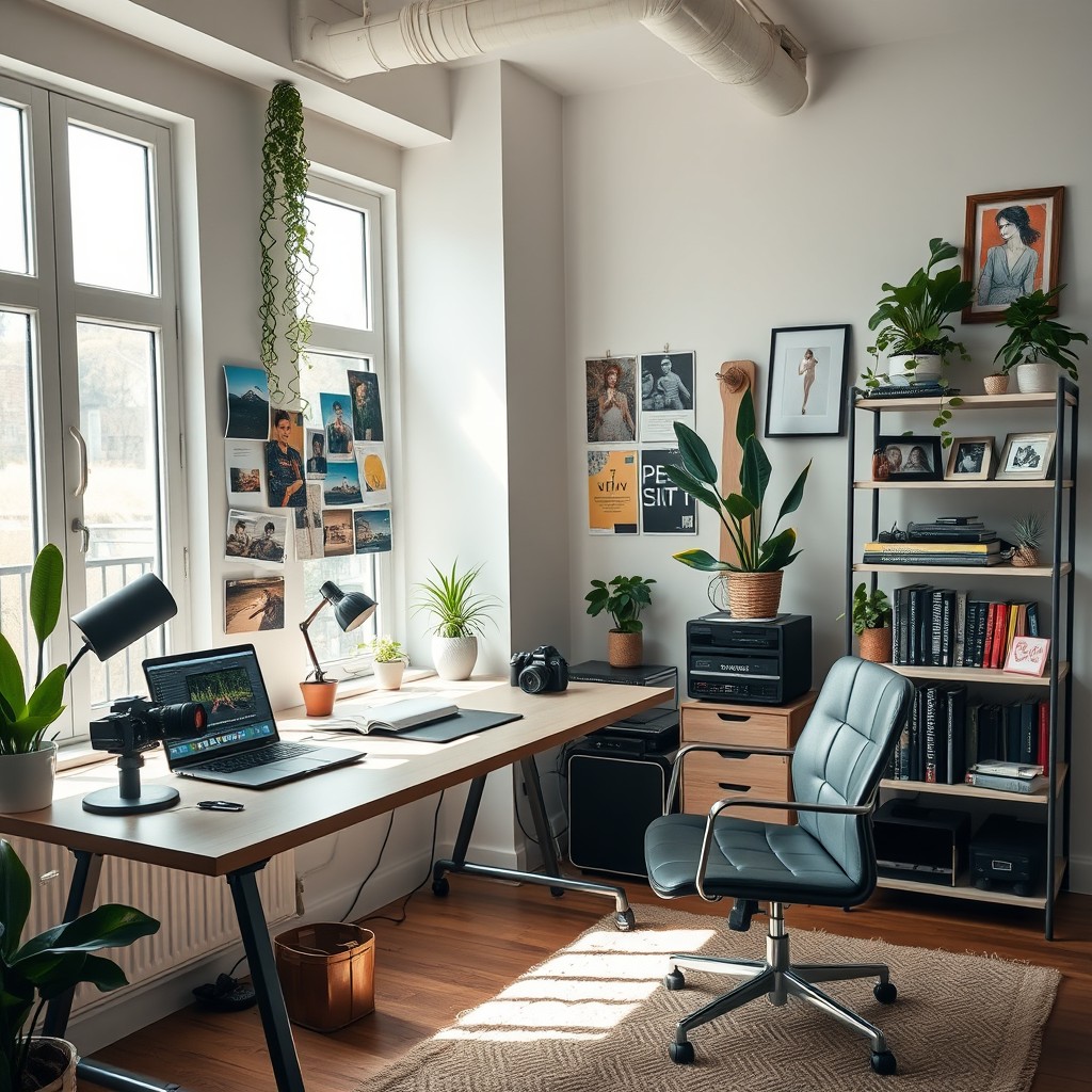 A modern photographer's office filled with creative energy, featuring a large desk with a high-end camera, a laptop open to editing software, colorful mood boards pinned to the walls, soft natural light streaming in through large windows, and decorative plants adorning the space