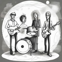 A drawing of a drummer, bassist, guitarist and singer in a parallel universe