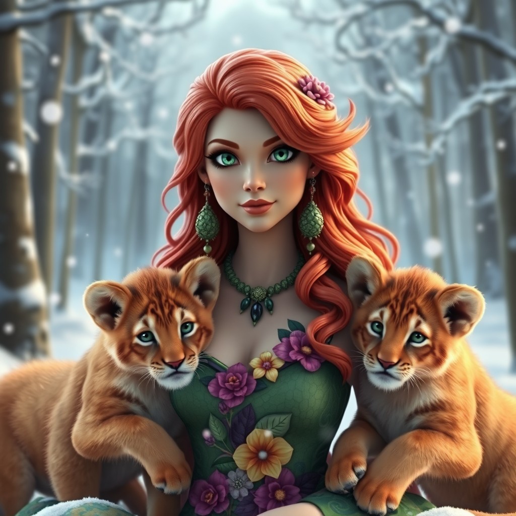 A stunning 3D render of a beautiful jungle goddess set in a wintry landscape, surrounded by adorable lion cubs