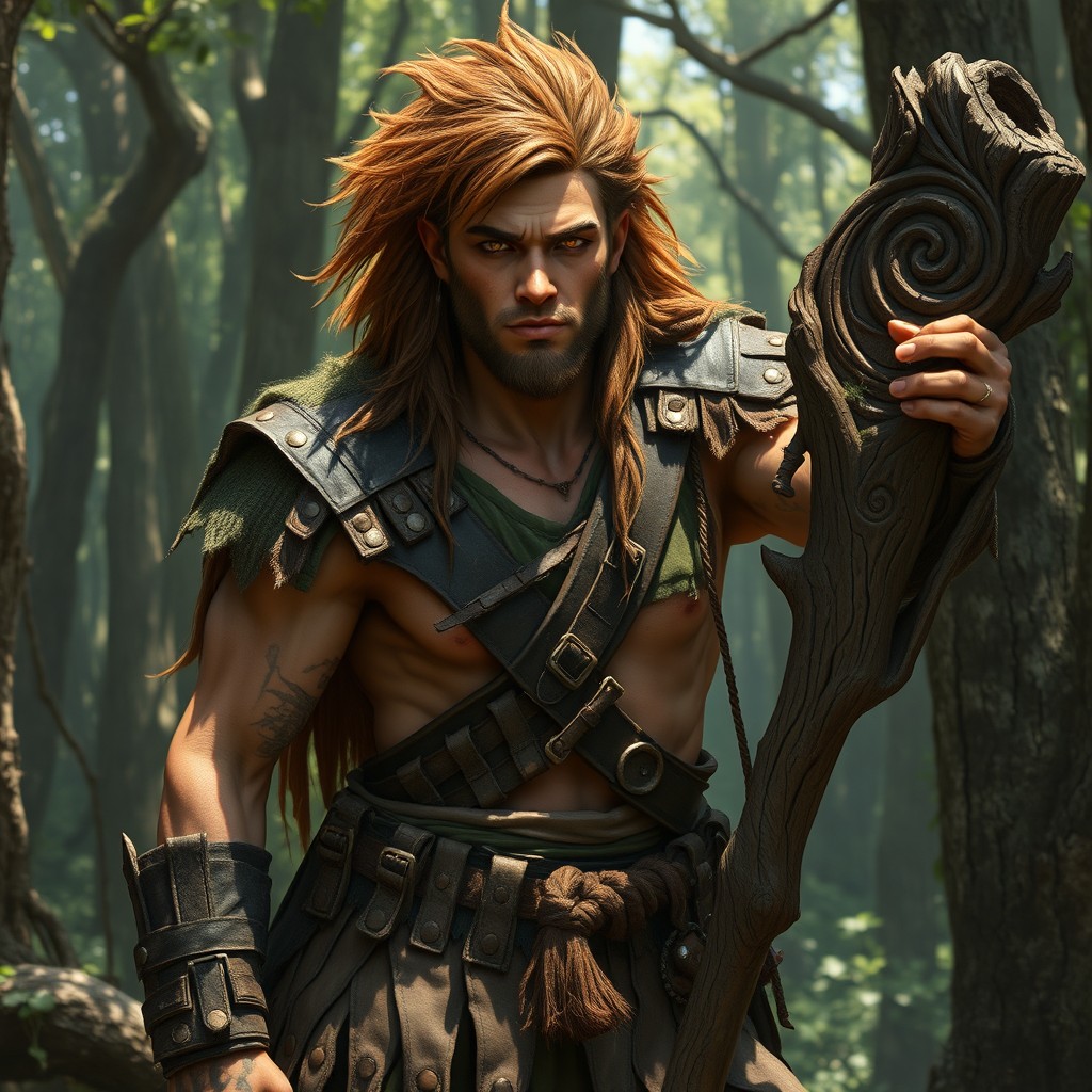 A male shifter druid from the Circle of the Moon, exhibiting a primal presence with a lean, sinewy physique