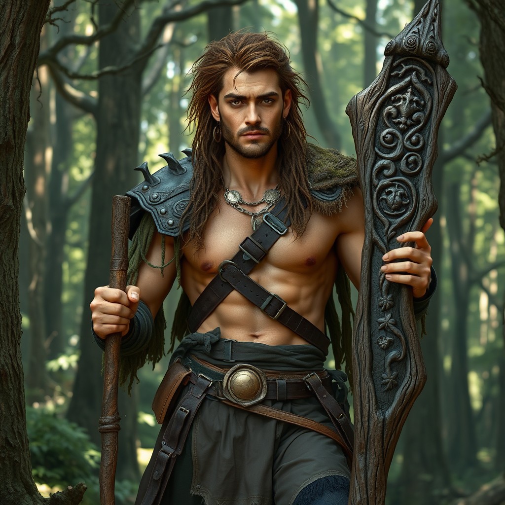 A male shifter druid representing the Circle of the Moon, embodying a primal essence with a lean, sinewy build