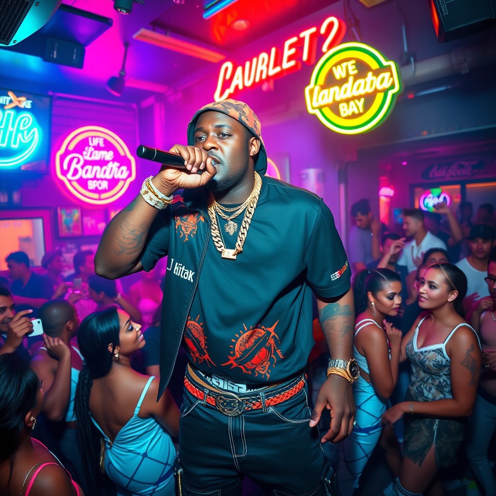 A Haitian gangsta rapper in a vibrant Miami nightclub, surrounded by colorful lights and energetic party-goers