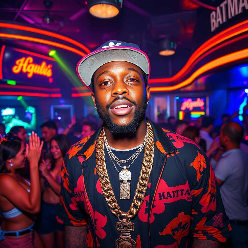 A Haitian gangster rapper in a vibrant Miami nightclub, surrounded by colorful lights and an energetic crowd