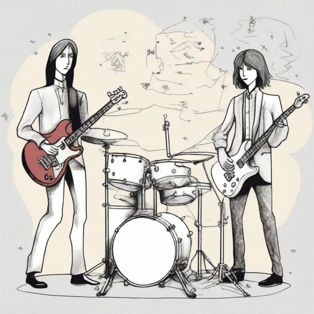 A drawing of a drummer, bassist, guitarist and singer in a parallel universe