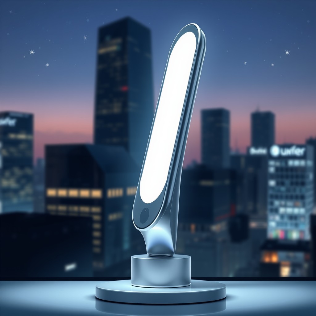 A modern, sleek beacon device with a shiny finish and a streamlined shape, emitting a soft, glowing light