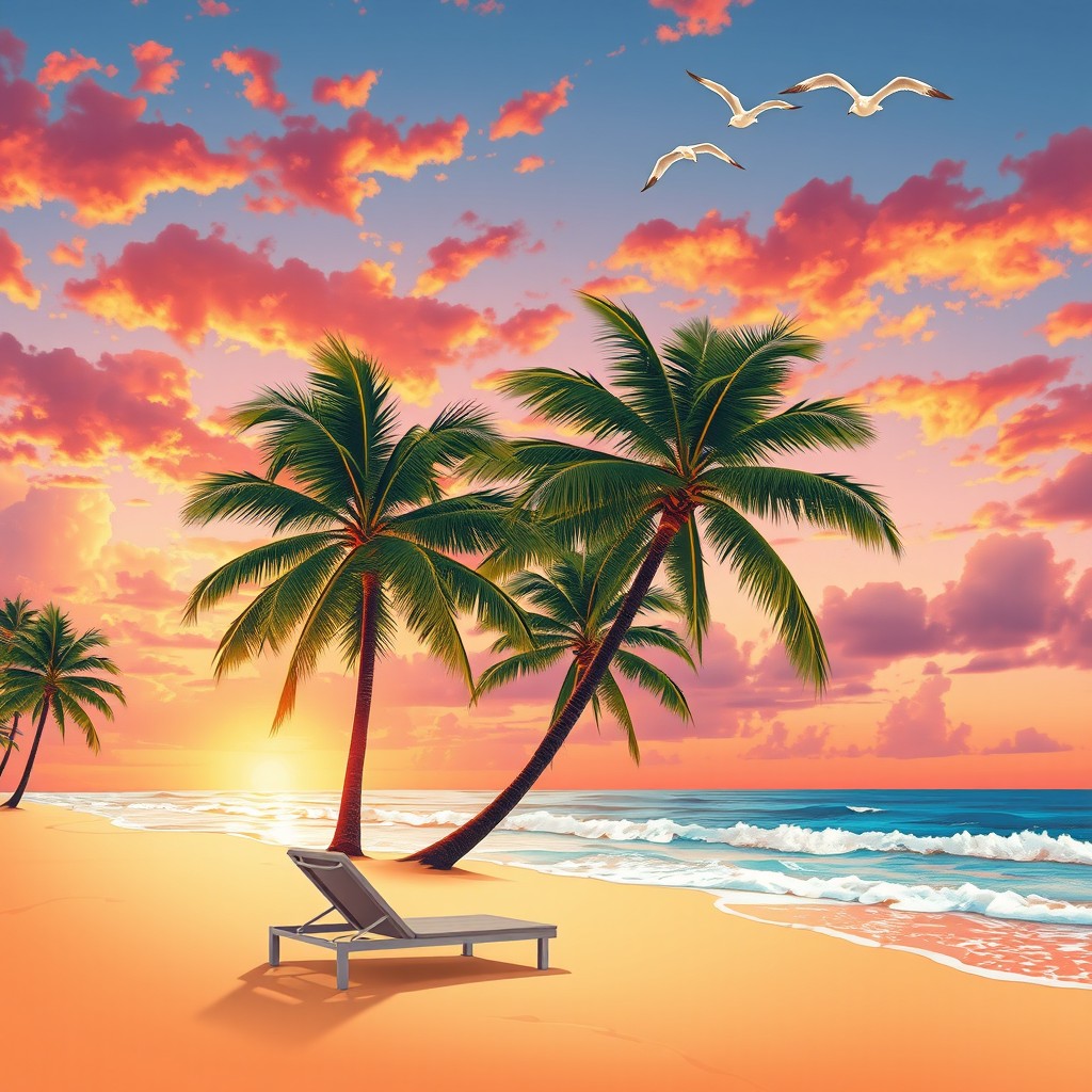 A striking illustration of a beautiful tropical beach scene at sunset, featuring vibrant oranges, pinks, and purples in the sky