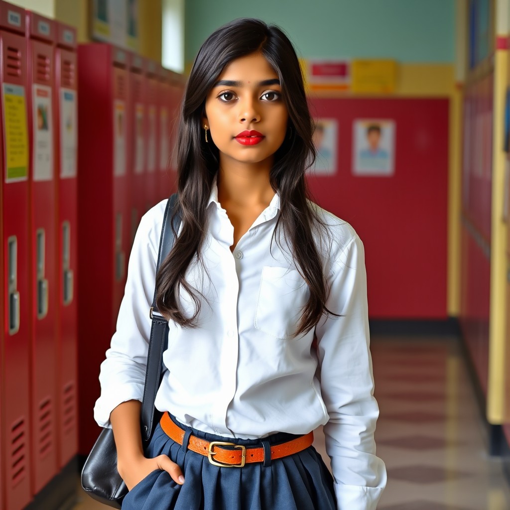 An Indian school girl wearing a stylish voluminous skirt, paired with a crisp white shirt and fashionable accessories