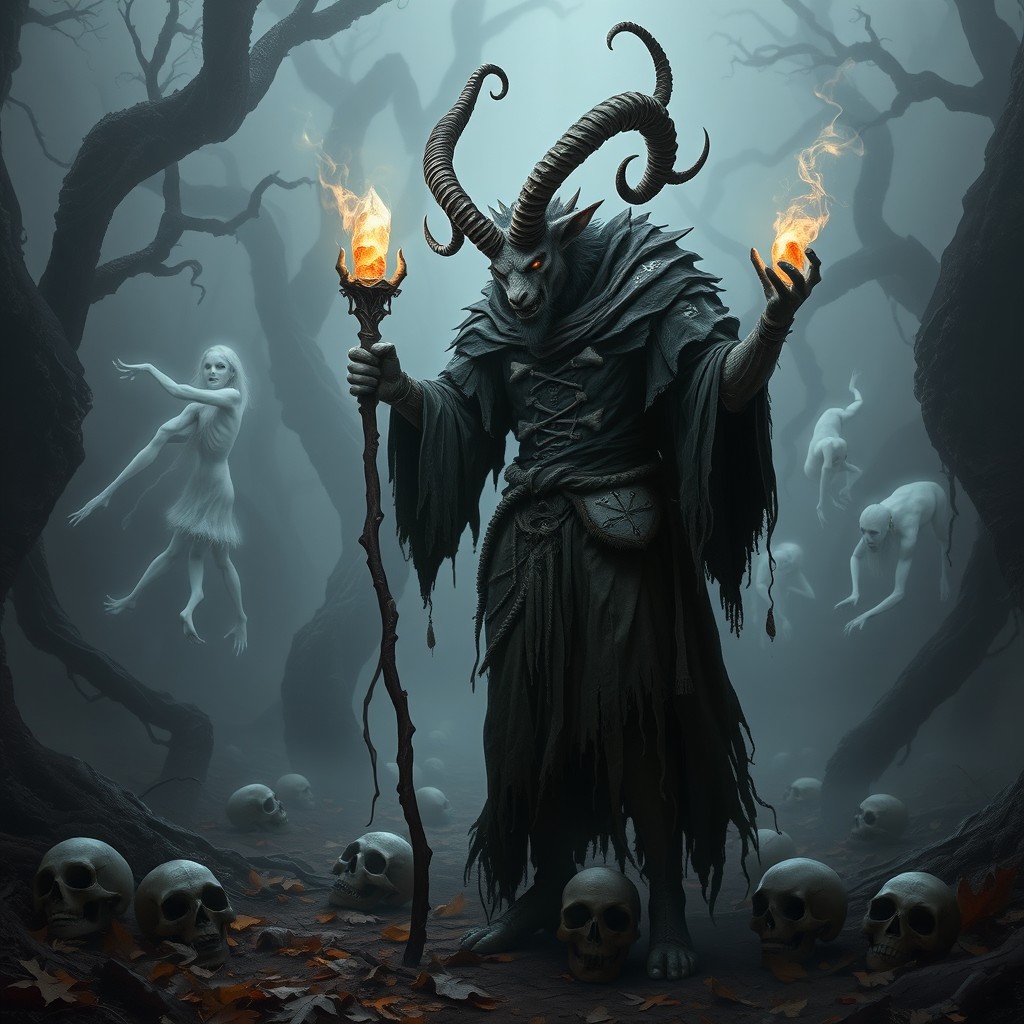 A captivating faun necromancer standing amidst an eerie forest filled with fog and twisted trees