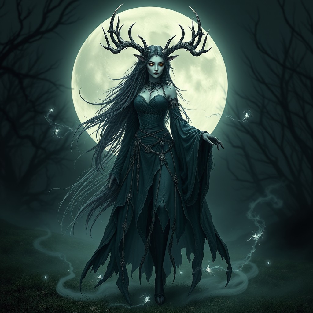 A striking female cervitaur necromancer, with the lower body of a graceful deer and the upper body of a mystical woman