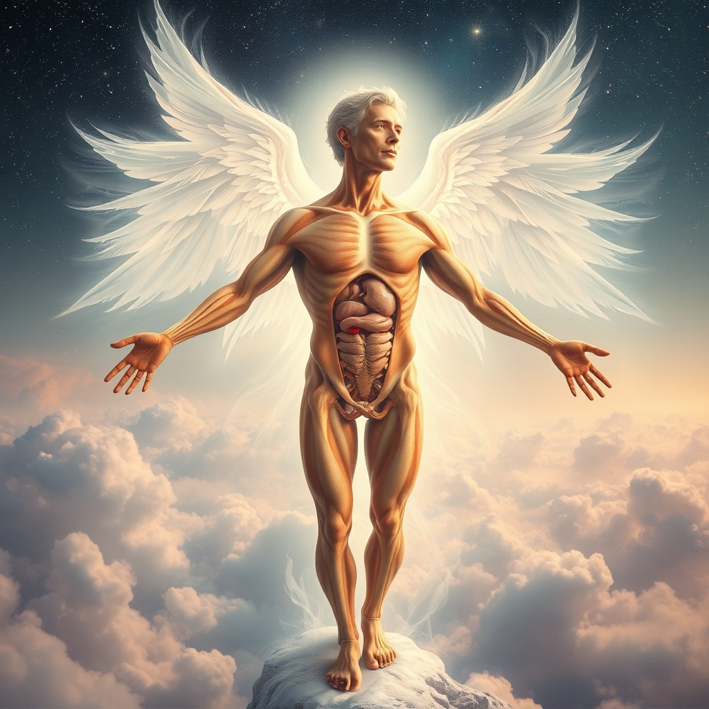 A surreal and ethereal scene depicting human anatomy in a celestial encounter with a divine being