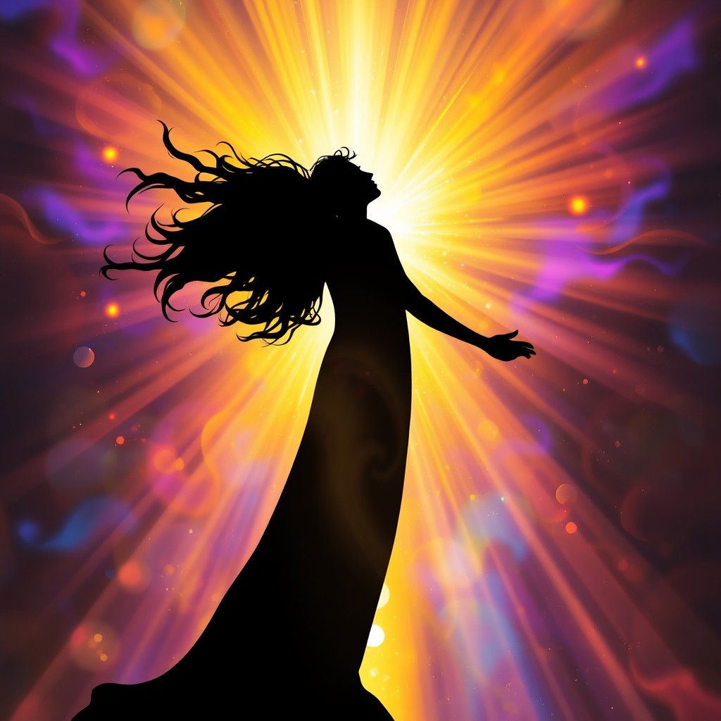 A captivating silhouette of an astral body, set against a backdrop of abstract heavenly light that swirls and glows in vibrant colors representing divinity and the cosmos