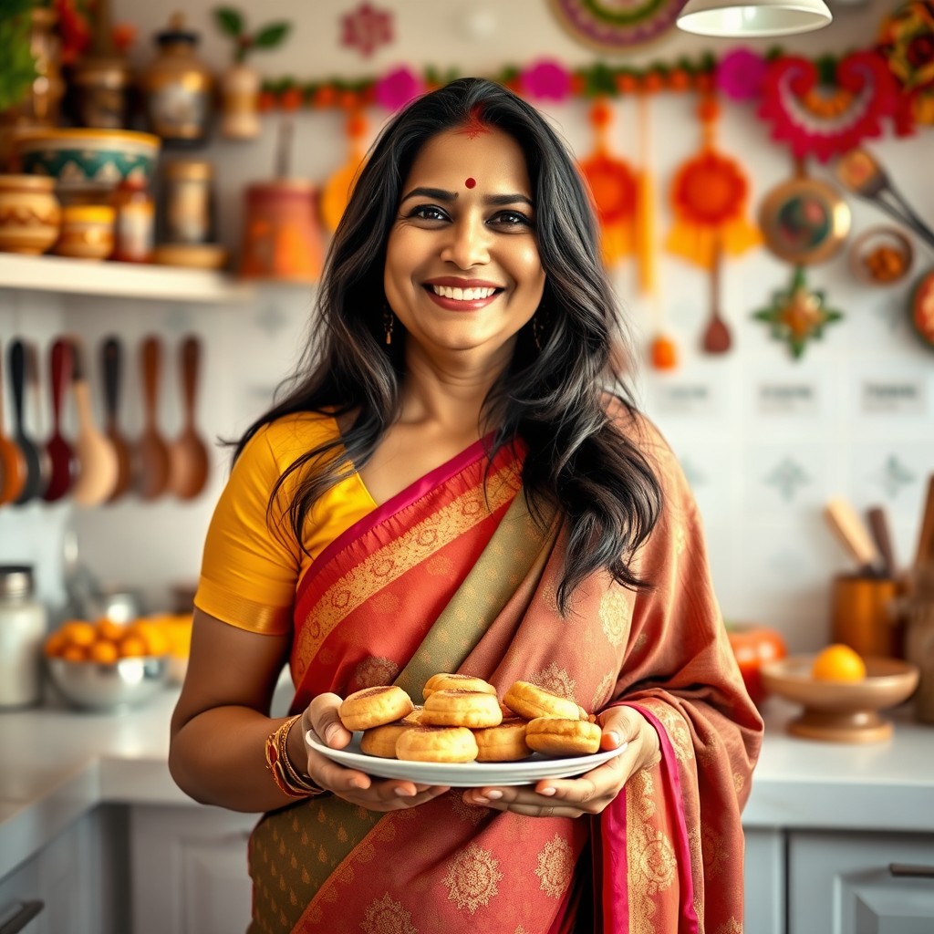 A warm and inviting scene of a South Asian mother, affectionately referred to as a 'Desi mom', with traditional attire featuring a colorful saree