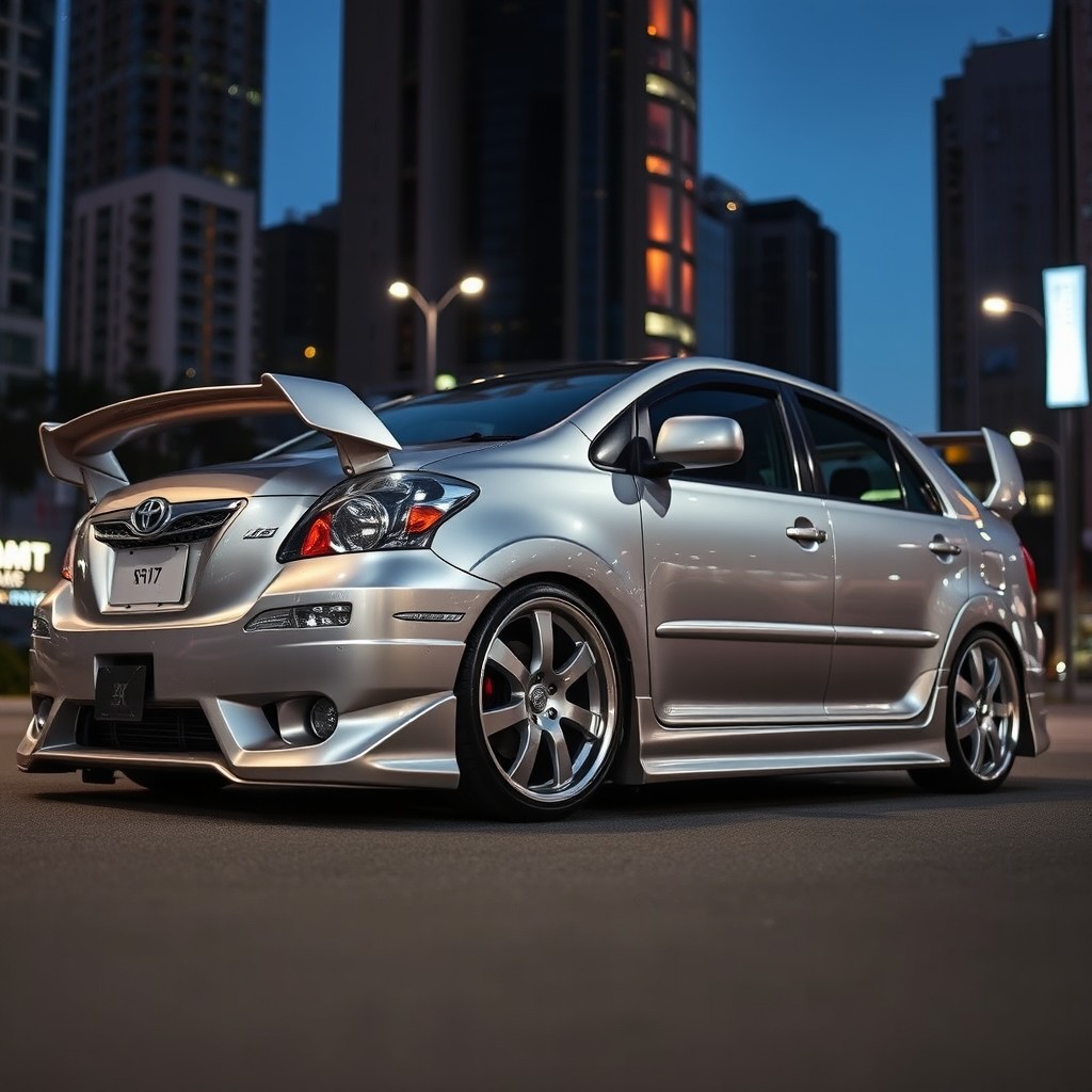 A striking silver 2006 Toyota Premio equipped with an aggressive aftermarket bodykit, featuring bold front and rear bumpers, pronounced side skirts, and a distinctive rear spoiler