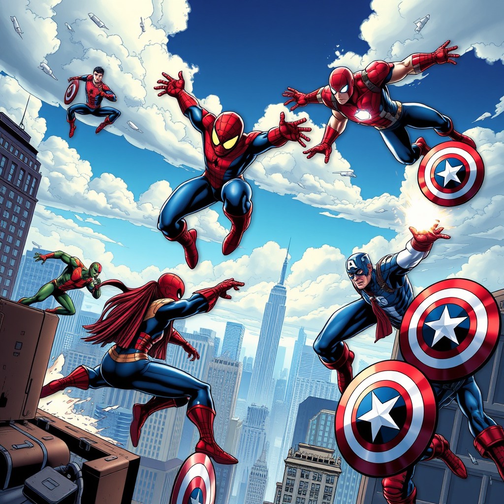 A vibrant and dynamic scene featuring Marvel superheroes in action, showcasing iconic characters like Spider-Man swinging through the city, Iron Man flying with his repulsors glowing, and Captain America throwing his shield