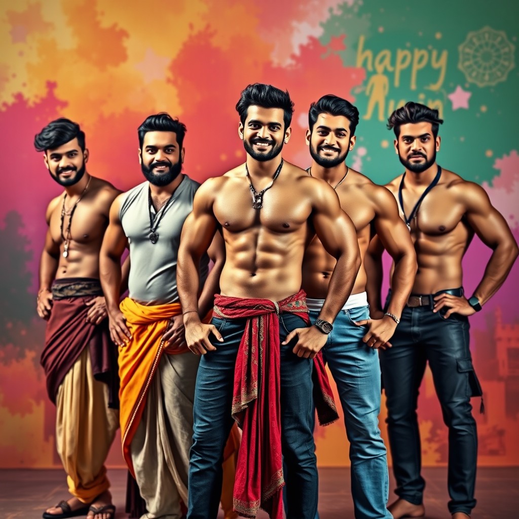 A group of Indian hunks showcasing their athletic builds, dressed in traditional attire and modern casual wear, exuding confidence and charm