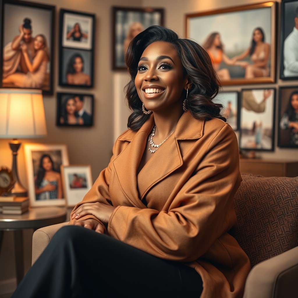 A thoughtful scene featuring a dynamic woman named Rhonda, exuding charisma and warmth as she reflects on her journey as a celebrity