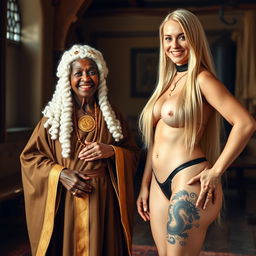 In a medieval room, an African woman aged 90, petite and frail, wears a white colonial judge wig from the 18th century and smiles joyfully