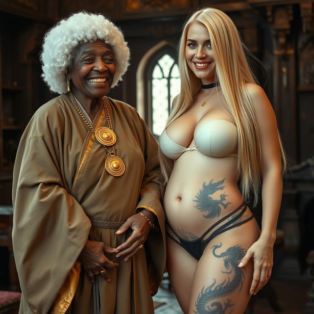 In a medieval room, an African woman aged 90, petite and frail, is joyfully smiling while wearing a white colonial judge wig from the 18th century