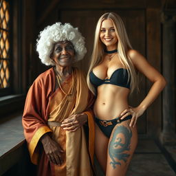 In a medieval room, an African woman aged 90, petite and frail, is joyfully smiling while wearing a white colonial judge wig from the 18th century