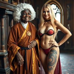In a medieval room, an African woman aged 90, petite and frail, is joyfully smiling while wearing a white colonial judge wig from the 18th century