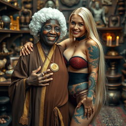 In a medieval room rich with various relics, a heartwarming scene presents a joyful black African woman, 100 years old and petite