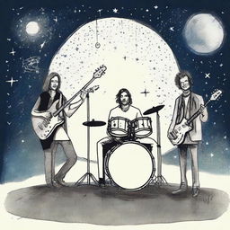 A drawing of a drummer, bassist, guitarist and singer in the universe