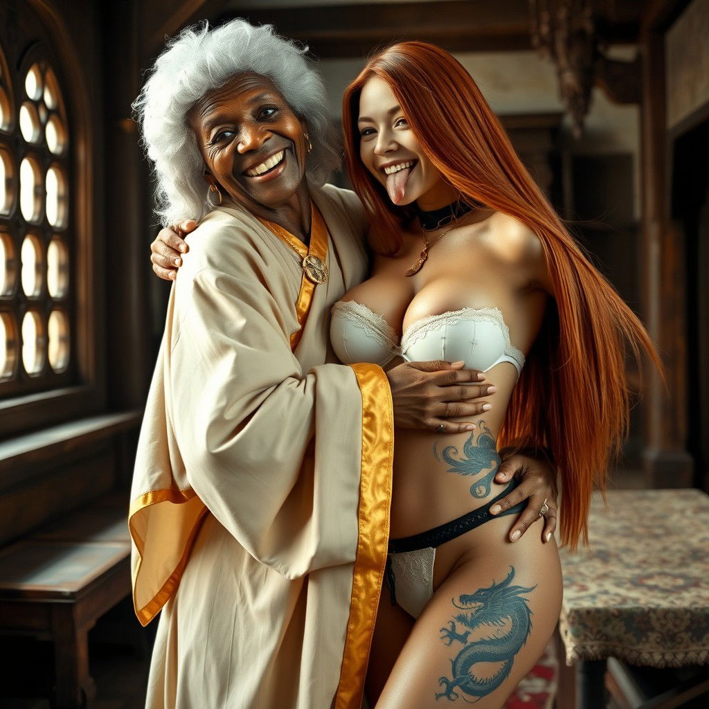 In a beautifully detailed medieval room, a 70-year-old African woman, appearing undernourished and notably short, radiates happiness with a bright smile