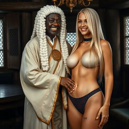 In a medieval room, a cheerful 60-year-old short African woman, appearing undernourished with very dark skin, smiles joyfully