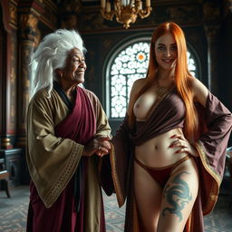 In an opulent medieval chamber, a short, malnourished 90-year-old African woman, wearing a white 18th-century colonial judge wig, joyfully holds hands with a strikingly beautiful 27-year-old white woman