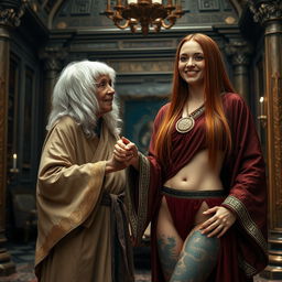 In an opulent medieval chamber, a short, malnourished 90-year-old African woman, wearing a white 18th-century colonial judge wig, joyfully holds hands with a strikingly beautiful 27-year-old white woman